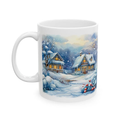 Snowy winter village houses cute mug - christmas secret santa gift stocking filler drinkware washable tumbler reuse reusable ceramic cup cof