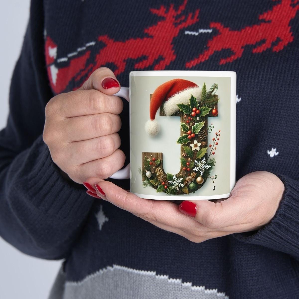 Personalised 'j' edition christmas mug - unique gift for xmas - stocking filler - drinkware washable reusable reuse ceramic cup tumbler coff