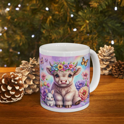 Cute flowery highland cow and bunny rabbit 3d mug - perfect for your morning drinks - tumblers, drinkware reusable washable cup coffee ceram