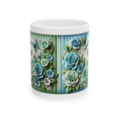 Blue green roses and butterflies 3d mug - perfect for your morning coffee - cup, drinkware tumblers bottles reusable washable ceramic