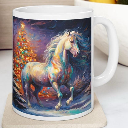 Winter multicoloured horse mug - festive secret santa stocking filler gift drinkware washable reuse tumbler cup ceramic reusable coffee xmas