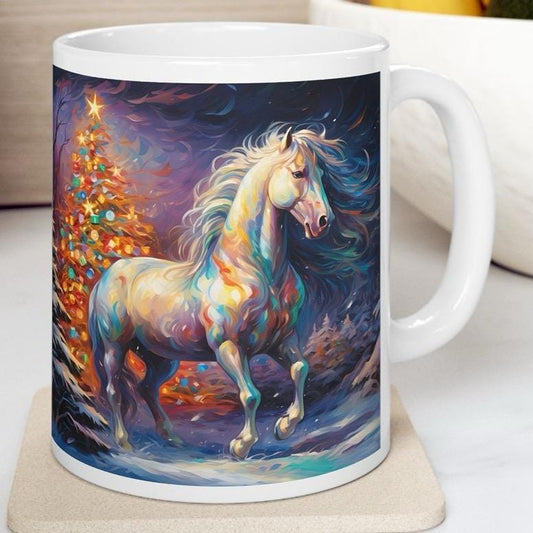 Winter multicoloured horse mug - festive secret santa stocking filler gift drinkware washable reuse tumbler cup ceramic reusable coffee xmas