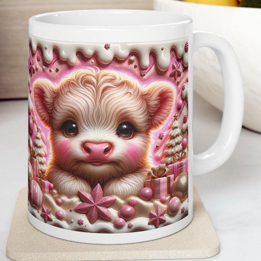 3d pink highland cow christmas mug – adorable festive design with candy accents, perfect for holiday gifting! drinkware reusable washable