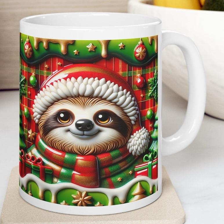 3d christmas sloth mug – festive red and green design with adorable holiday details, perfect for gift-giving! drinkware washable reusable
