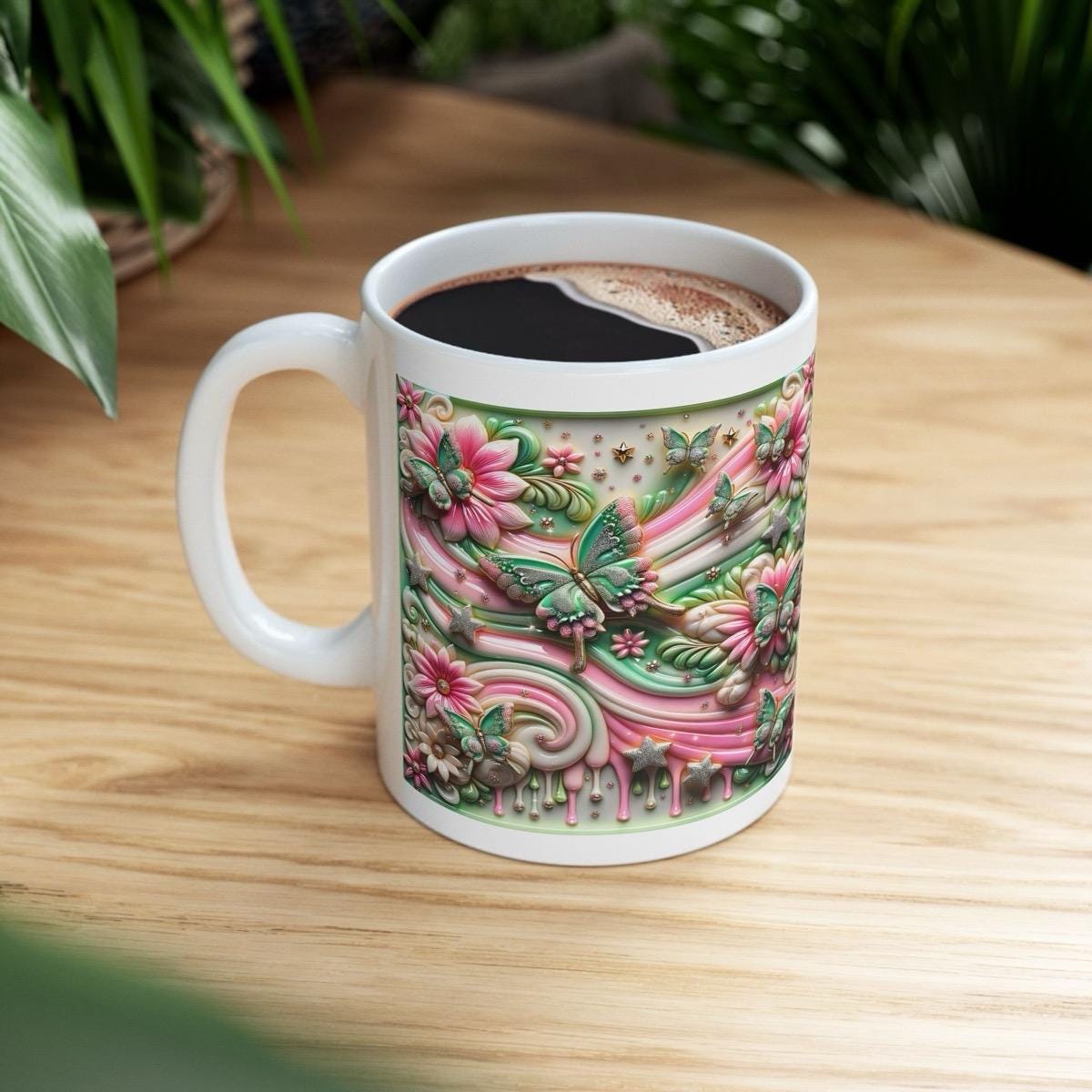 Pink butterfly flower 3d mug - perfect for your morning drinks - drinkware, tumblers coffee stylish tea washable reusable reuse cup ceramic