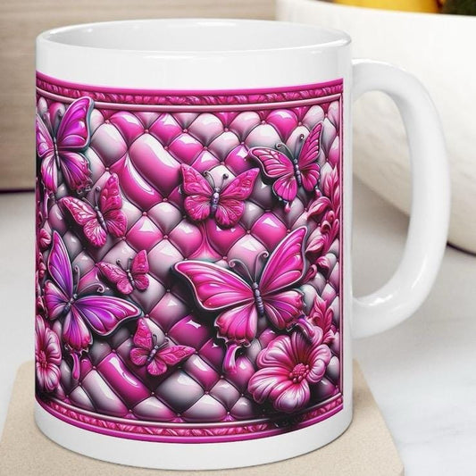 Bright pink quilted butterfly flower 3d mug - perfect for coffee and tea - drinkware tumbler reusable washable cup ceramic reuse xmas mugs