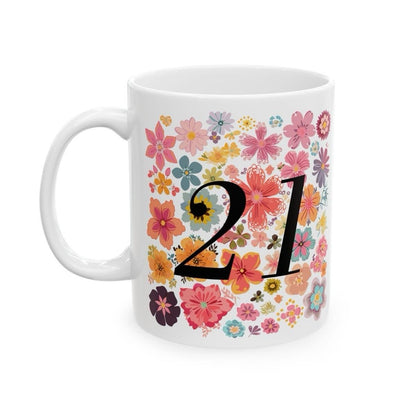 Flowery 21st birthday mug - perfect gift for celebrating - drinkware, tumblers ceramic cup washable reuse reusable coffee  girly cute friend