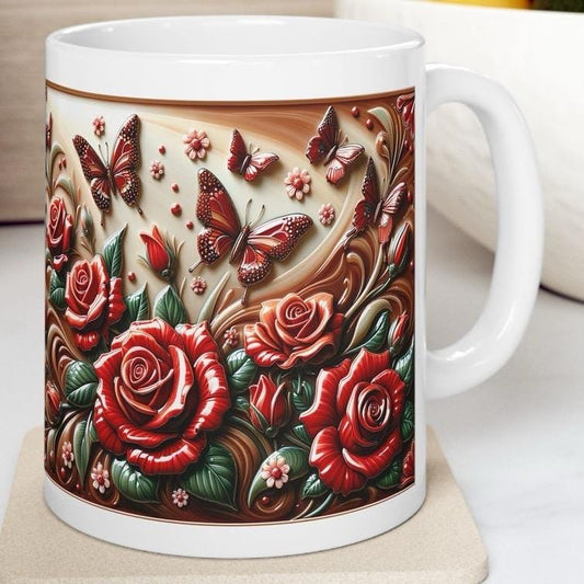 Roses and butterflies 3d mug - perfect for your morning drinks - drinkware, tumblers cup bottles reusable washable ceramic coffee