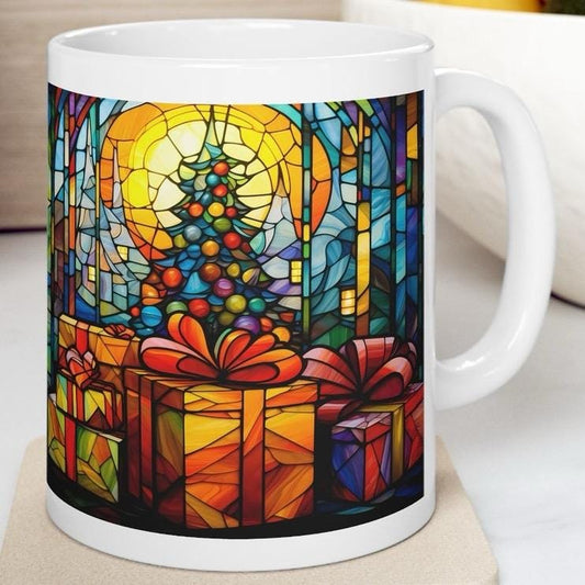 Stained glass christmas mug - secret santa stocking filler gift - drinkware tumbler cup reusable reuse washable ceramic coffee xmas mugs tea