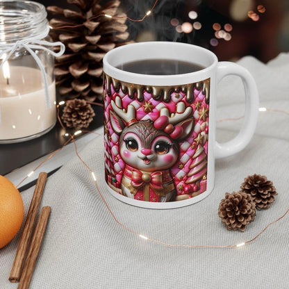 3d quilted sparkly pink festive deer mug - cozy holiday design with pink and brown accents - perfect christmas gift drinkware reuse reusable