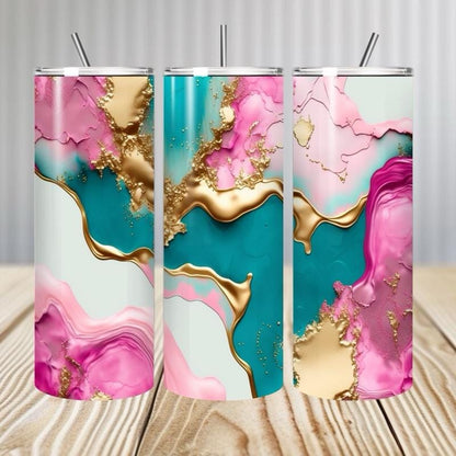 Cute girly marble tumbler 20oz pink blue gold - perfect for any occasion - drinkware, mug cup flasks bottles water bottles bottled portable