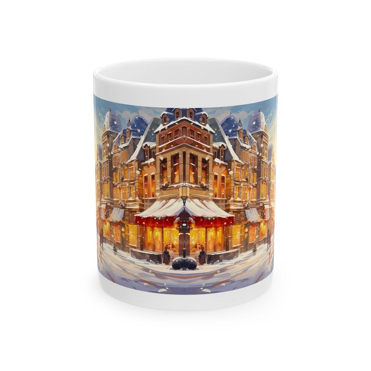 Christmas town village cute mug - secret santa stocking filler gift drinkware washable reuse tumbler reusable ceramic coffee cup neutral mug