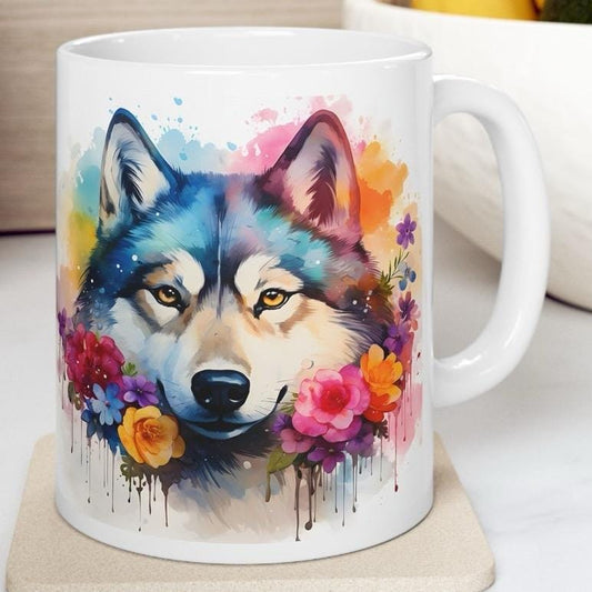 Floral art mug for dog lovers - xmas christmas gift - husky - drinkware festive washable reusable tumbler reuse cup ceramic coffee tea mugs