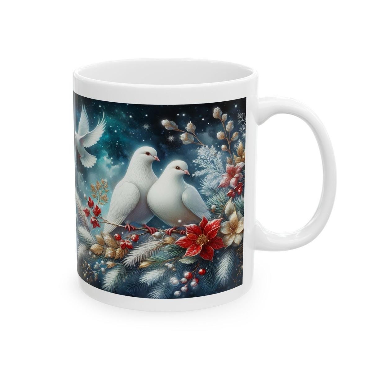Dove christmas mug - perfect for hot beverages - drinkware, tumblers cup bottles reusable washable ceramic reuse xmas mugs tea festive