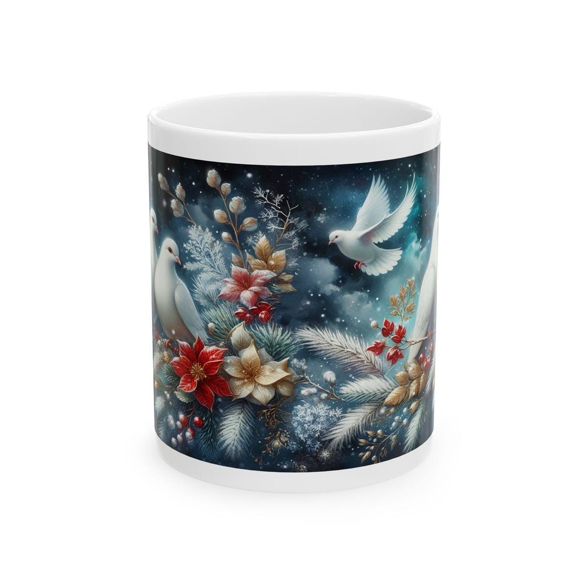 Dove christmas mug - perfect for hot beverages - drinkware, tumblers cup bottles reusable washable ceramic reuse xmas mugs tea festive