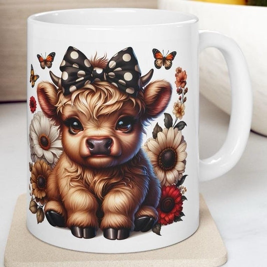 Highland cow 3d mug with bow for coffee and tea - cup, drinkware tumblers ceramic bottles washable reusable reuse xmas mugs festive cute gir