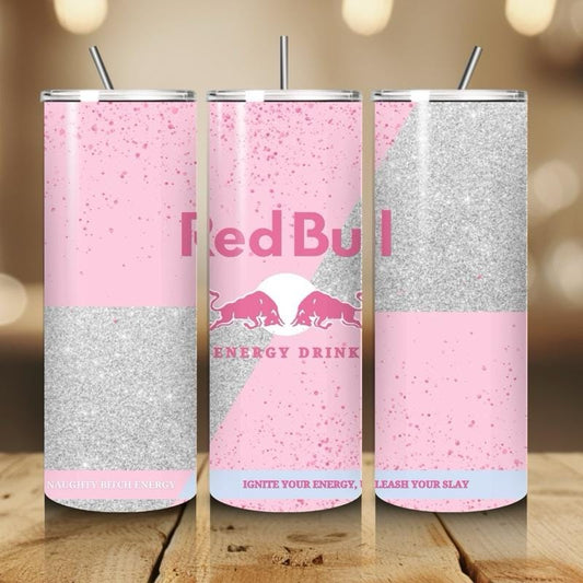 Red bull tumbler 20oz - pink glitter style ‘naughty bitch energy’ ‘unleash your slay’ perfect for on-the-go hydration - vacuum flask