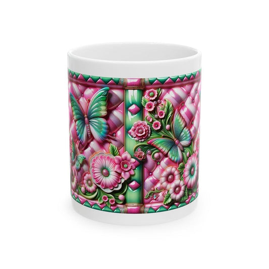 Pink green quilted butterfly flower 3d mug - perfect for your morning drinks - tumblers, drinkware washable reusable coffee cup reuse