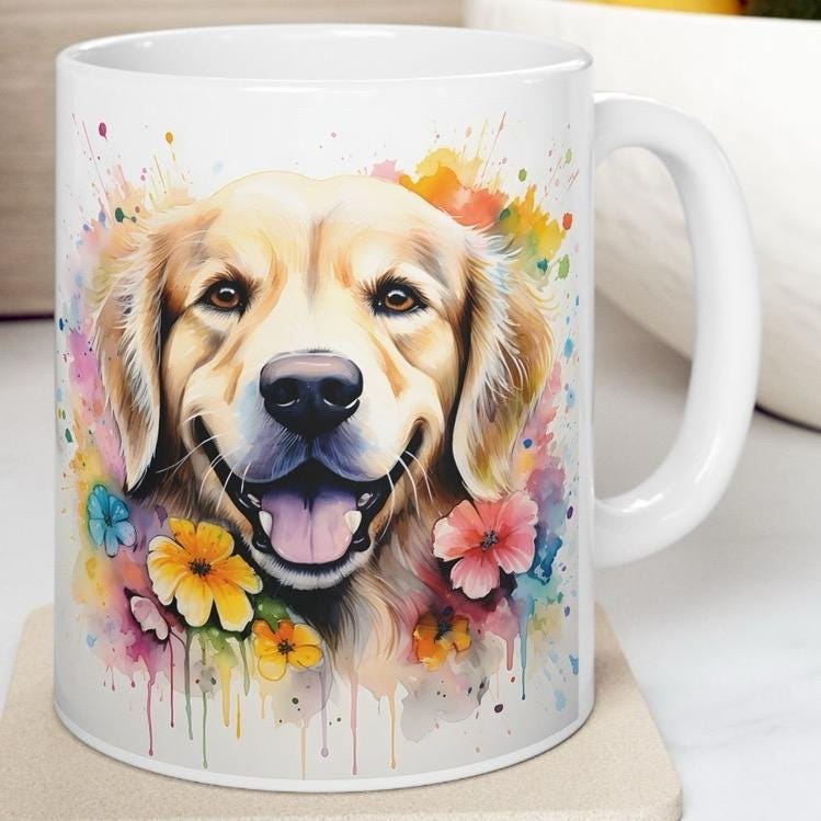 Golden retriever floral art mug for dog lovers - perfect xmas christmas gift drinkware  washable reusable coffee reuse tumbler cup ceramic t