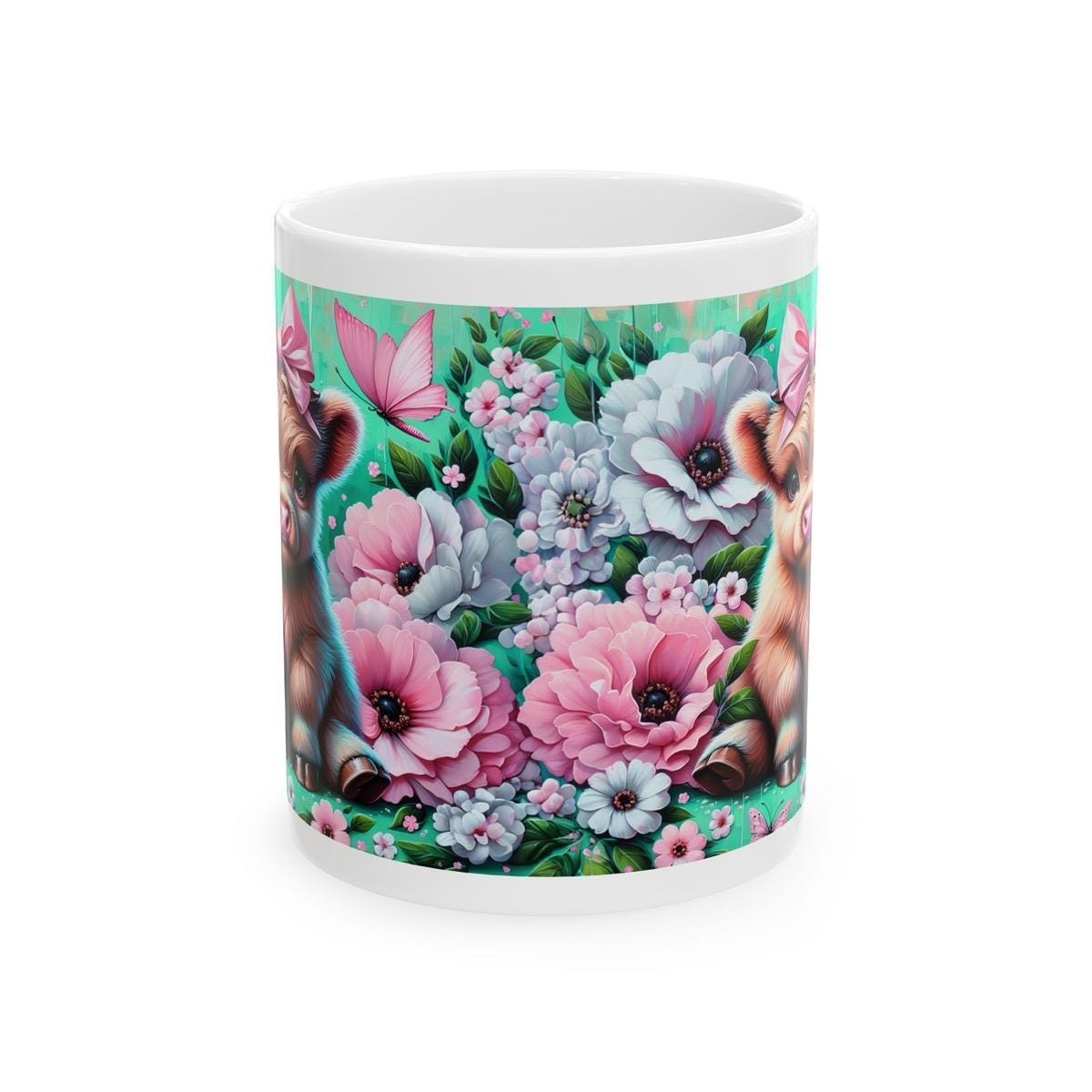 Cute highland cow in flowery garden 3d mug - perfect for your morning drinks - drinkware washable tumbler coffee reusable cup reuse ceramic