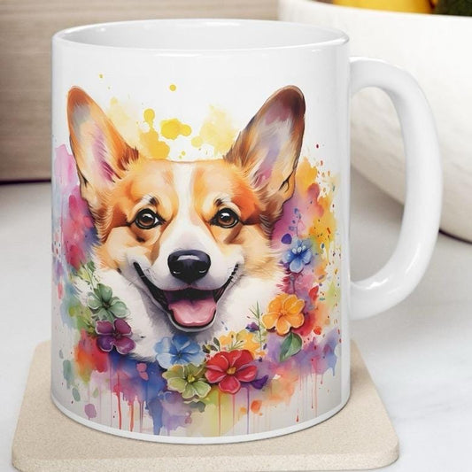 Corgi dog floral art mug for coffee and tea, perfect christmas or birthday gift puppy drinkware tumbler cup washable ceramic reusable reuse