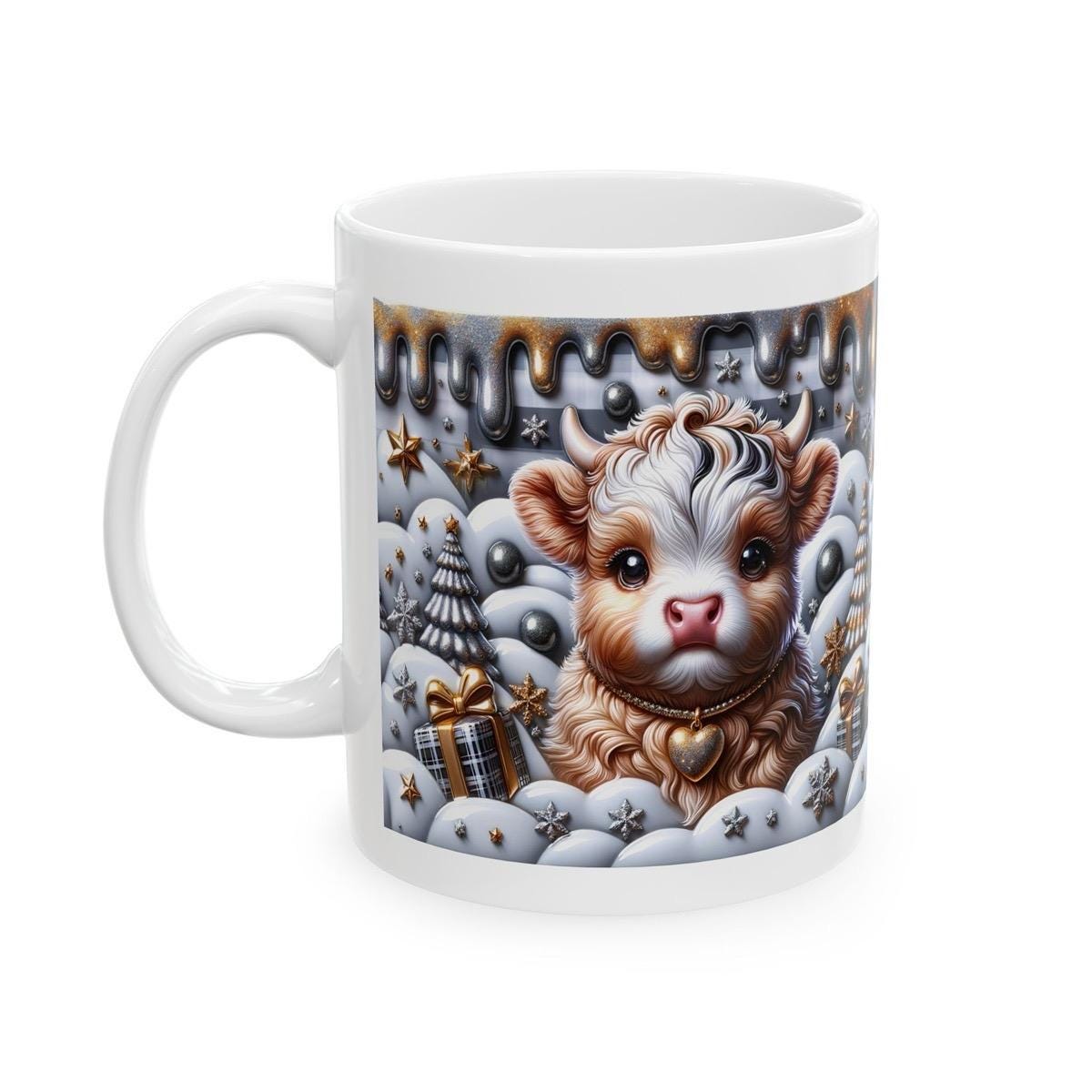 3d christmas highland cow mug – elegant gold and silver festive design, perfect for holiday cheer and gifts! drinkware reusable washable t