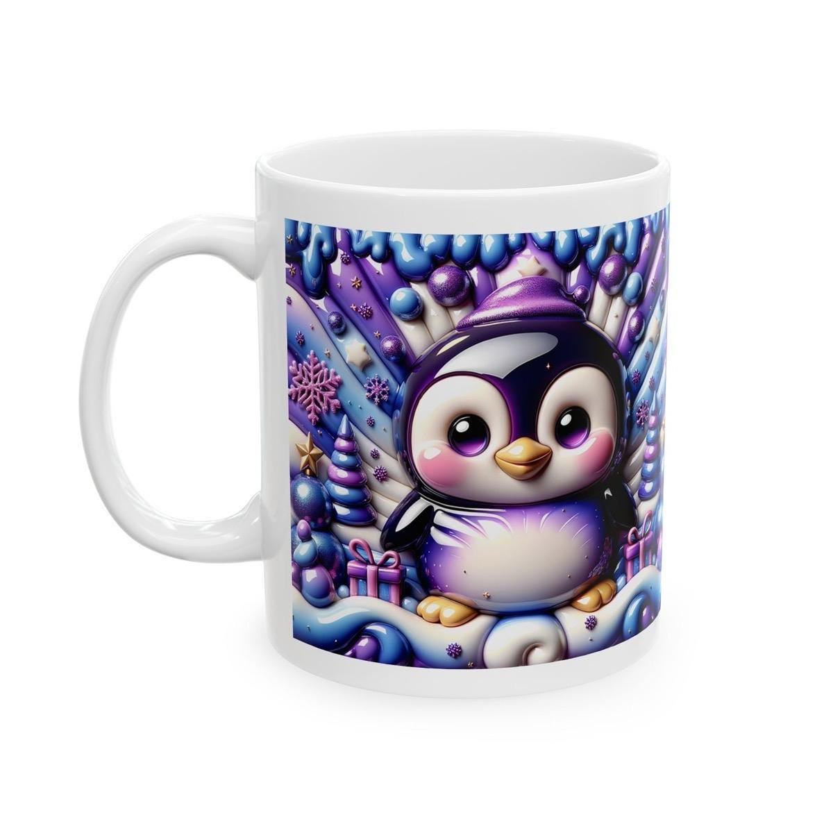 3d quilted sparkly festive baby penguin mug - cozy holiday design with blue and purple  accents - perfect christmas gift drinkware reusable