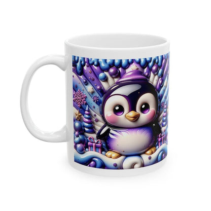 3d quilted sparkly festive baby penguin mug - cozy holiday design with blue and purple  accents - perfect christmas gift drinkware reusable