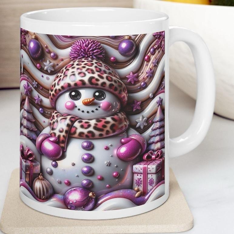 3d snowman christmas mug – cosy winter design with pink and purple accents, perfect festive gift! drinkware tumbler reusable reuse washabl