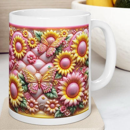 Butterfly flowers quilted 3d mug - perfect for your  tumbler reusable washable coffee reuse cup ceramic morning drinks - drinkware xmas