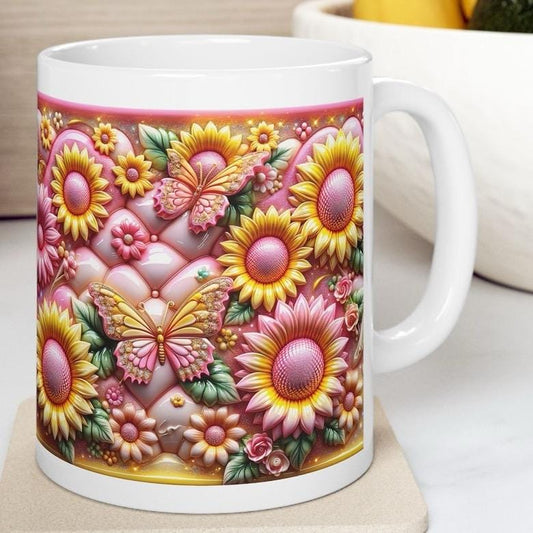Butterfly flowers quilted 3d mug - perfect for your  tumbler reusable washable coffee reuse cup ceramic morning drinks - drinkware xmas