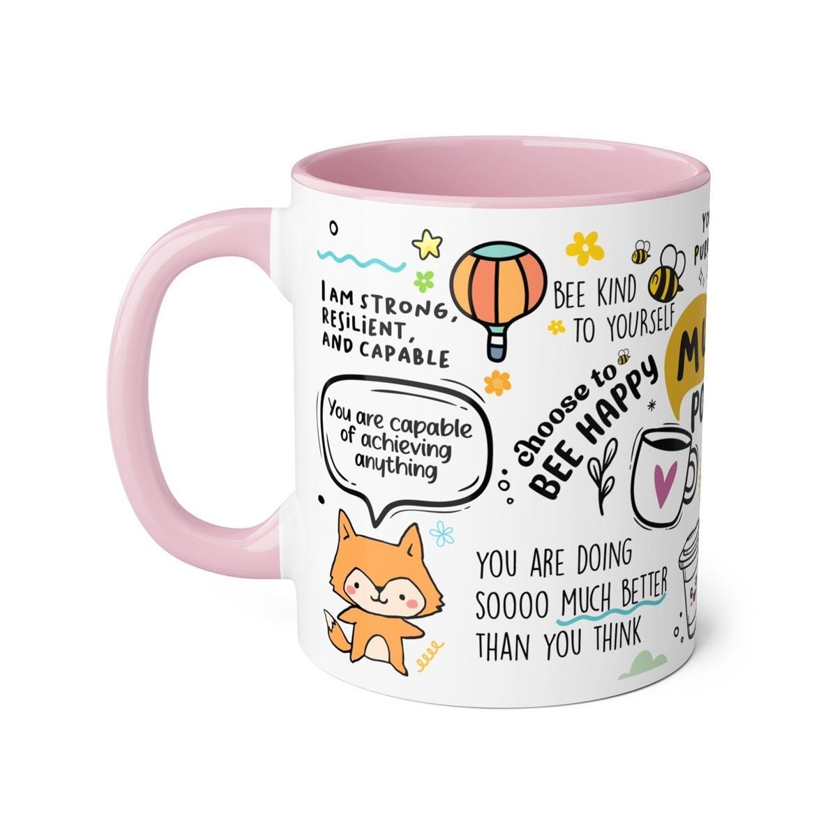 Positive vibes affirmations mental health mug - pink interior and handle - cup, drinkware tumblers reusable reuse ceramic washable coffee te