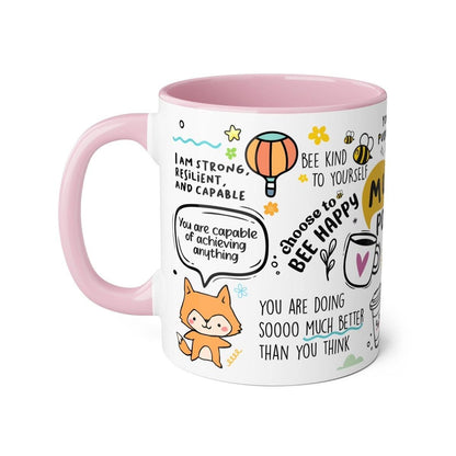 Positive vibes affirmations mental health mug - pink interior and handle - cup, drinkware tumblers reusable reuse ceramic washable coffee te