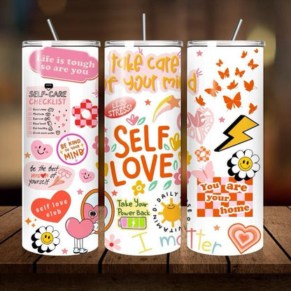 Self love mental health tumbler 20oz - perfect gift for girly birthday, mother’s day, and valentines - drinkware, mugs flasks water bottle