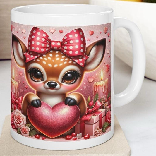 Cute deer valentines mug - heart design for drinks - tumblers, drinkware cup washable reusable ceramic reuse coffee girly valentine  romanti