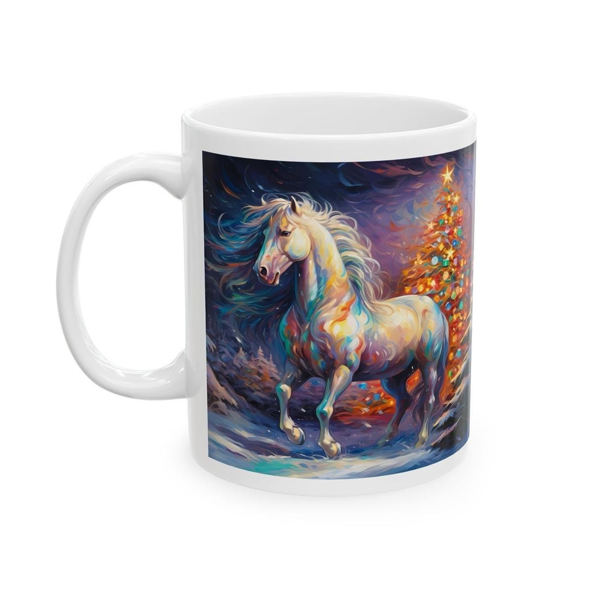 Winter multicoloured horse mug - festive secret santa stocking filler gift drinkware washable reuse tumbler cup ceramic reusable coffee xmas
