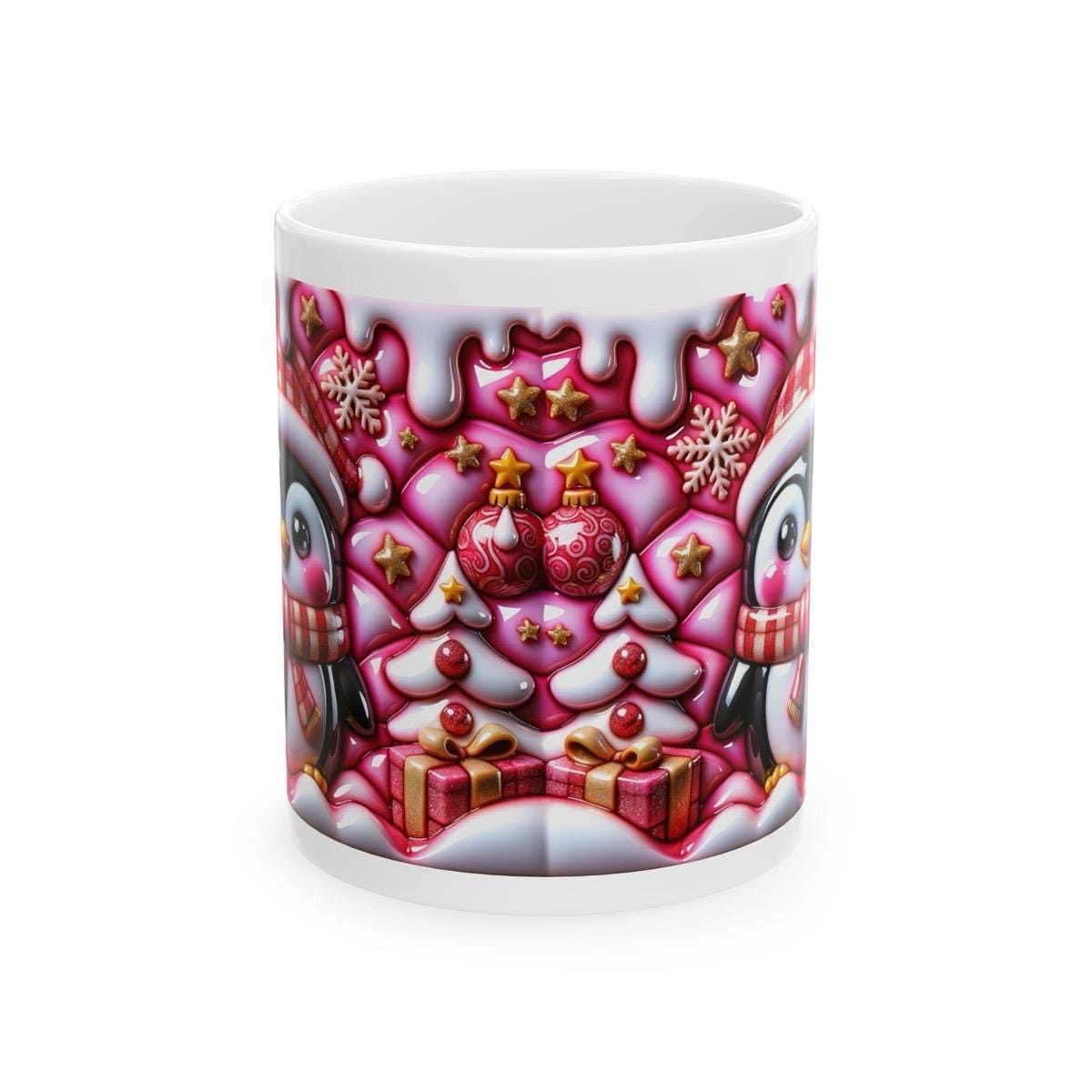 3d quilted sparkly pink festive penguin mug - cozy holiday design with pink and white accents - perfect christmas gift drinkware reuse reusa