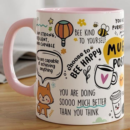 Positive vibes affirmations mental health mug - pink interior and handle - cup, drinkware tumblers reusable reuse ceramic washable coffee te