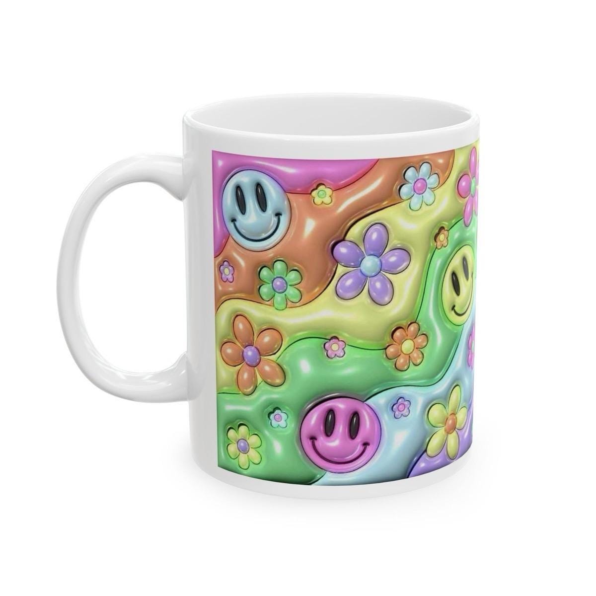 Fun 60's smile flower mug - gift for coffee lovers - drinkware ceramic reusable tumblers washable cup reuse bottles mugs funny cute girly no