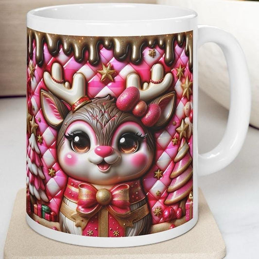 3d quilted sparkly pink festive deer mug - cozy holiday design with pink and brown accents - perfect christmas gift drinkware reuse reusable