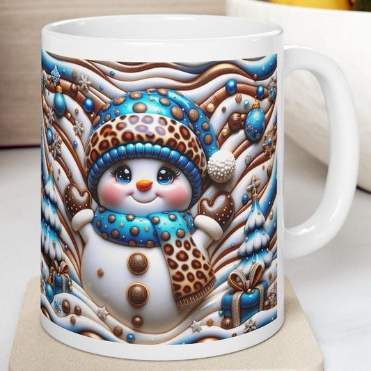 3d snowman christmas mug – cosy winter design with blue and gold accents, perfect festive gift! drinkware reusable tumbler washable reuse