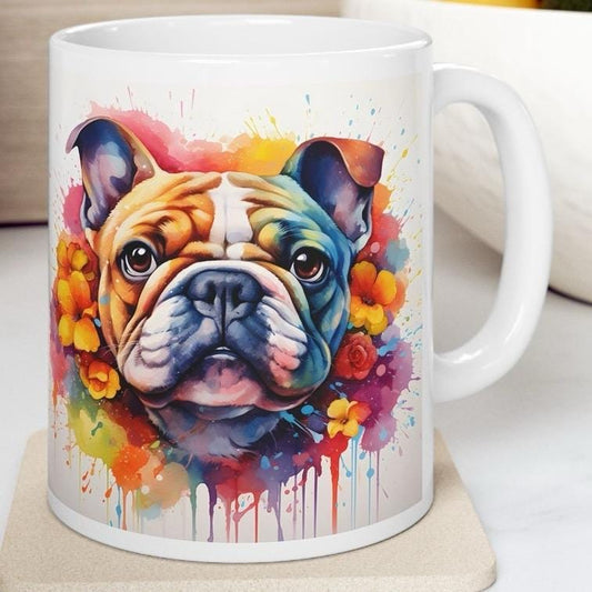 Bulldog art floral mug - perfect gift for dog lovers - xmas, christmas, and birthday - washable - drinkware coffee tumblers reusable cup reu