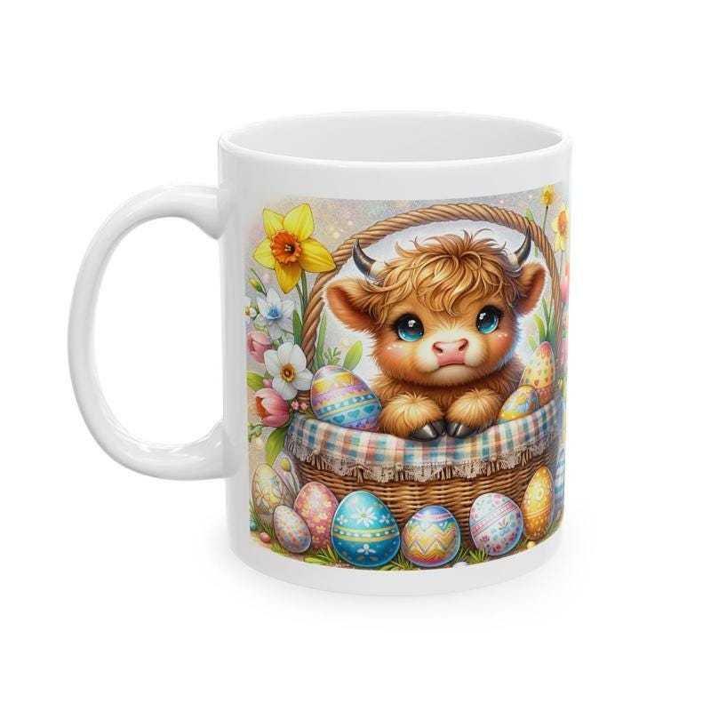 Easter highland cow mug - cute gift - perfect for hot drinks - drinkware, tumblers cup bottles reusable washable portable reuse ceramic coff