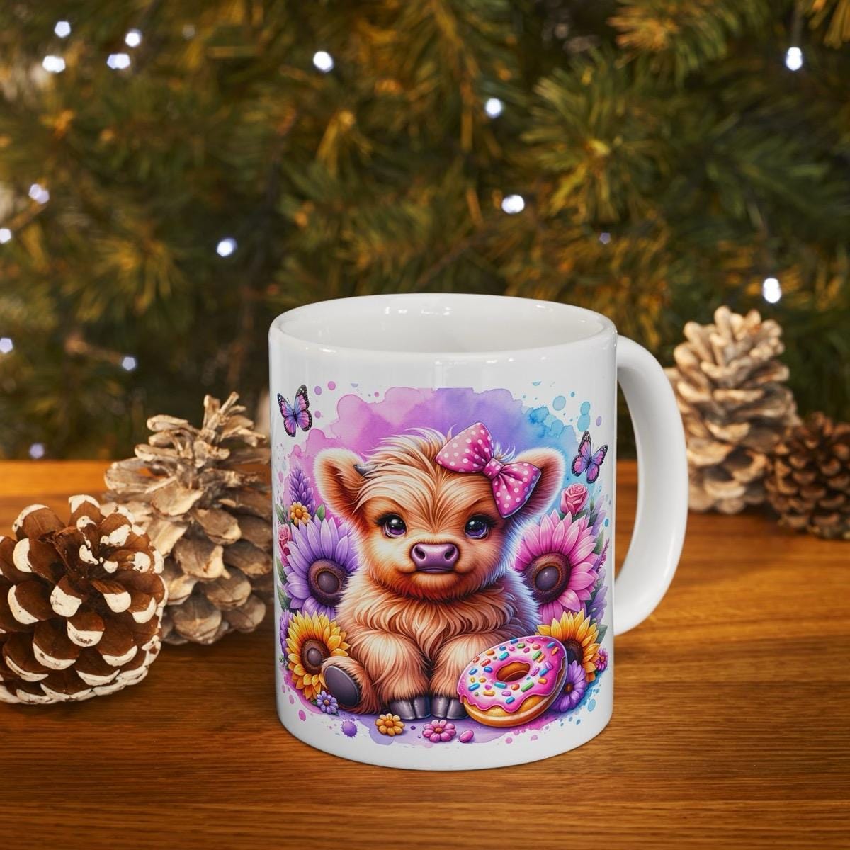 Cute highland cow with donut 3d mug - perfect for your morning drinks - drinkware, washable cup ceramic coffee tumblers reusable reuse xmas