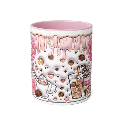 Christmas cute 3d mug with coffee and gossip design, pink interior and handle - drinkware, tumblers cup reusable reuse washable ceramic coff