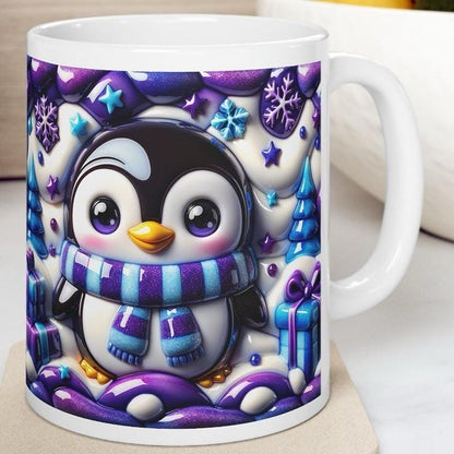 3d quilted sparkly festive penguin mug - cozy holiday design with blue and purple  accents - perfect christmas gift drinkware reusable reuse