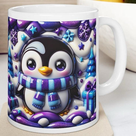 3d quilted sparkly festive penguin mug - cozy holiday design with blue and purple  accents - perfect christmas gift drinkware reusable reuse