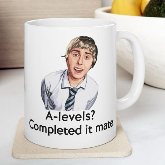 Funny mug - inbetweeners a levels completed it mate mug - funny inbetweeners jay cartwright gift coffee mug drinkware washable reusable tumb