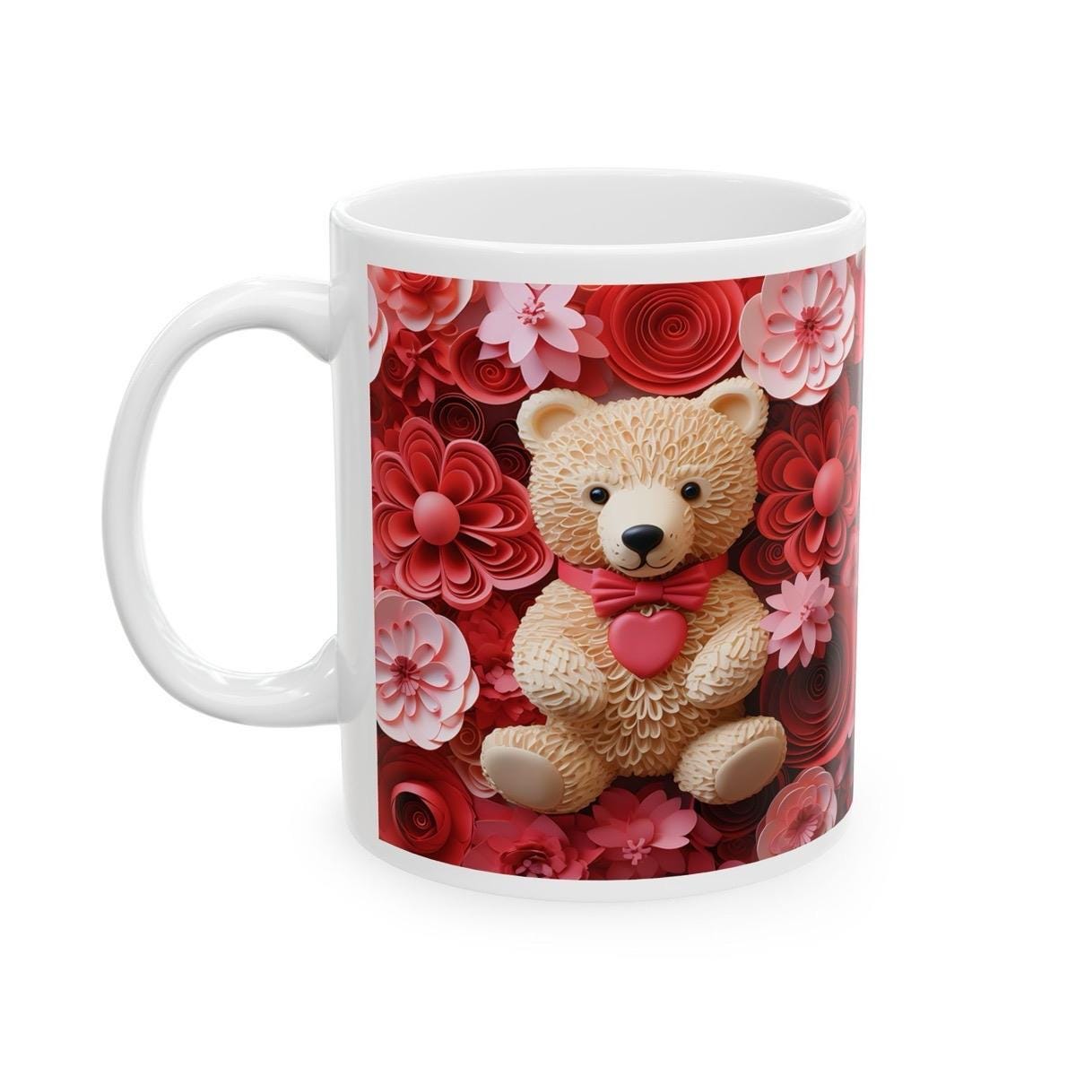 Red floral heart bear 3d style mug - perfect gift for xmas, christmas, valentine's day - secret santa stocking filler - 11 oz - drinkware wa