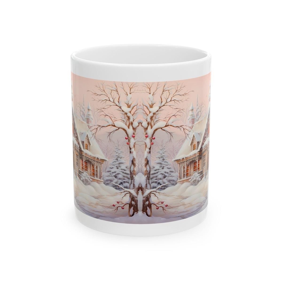 Pink winter village cottage house mug - christmas secret santa stocking filler gift drinkware washable tumbler reuse reusable cup ceramic co